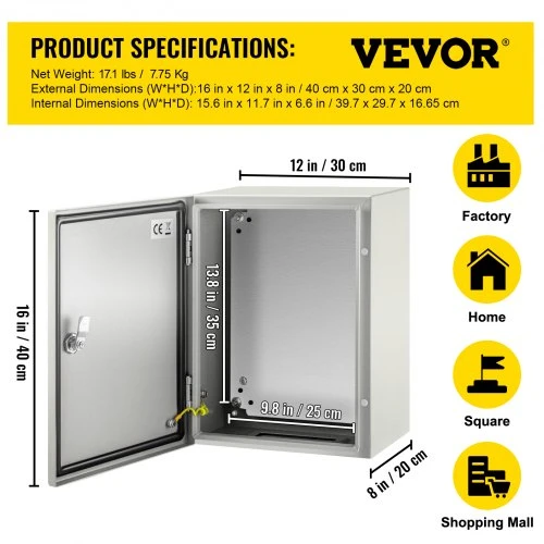 VEVOR Plieninis elektros korpusas NEMA 4X, 40 x 30 x 20 cm, IP66, su montavimo plokšte