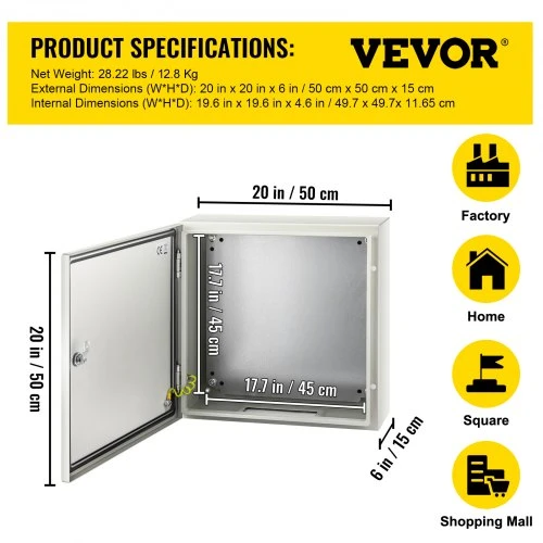 VEVOR Plieninis elektros spintos korpusas, 50 x 50 x 15 cm, NEMA 4X, IP66, su montavimo plokšte