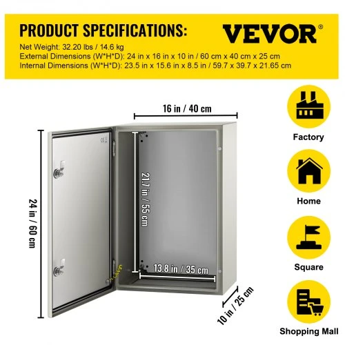 VEVOR Plieninis NEMA elektros korpusas, 60 x 40 x 25 cm, IP66, su montavimo plokšte