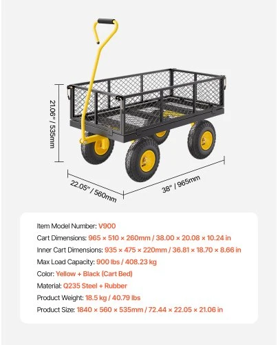Koduva VEVOR plieno sodo vežimėlis, 900 lbs, su 10" ratais, tinkleliniais nuimamais šonais ir 180° pasukama rankena