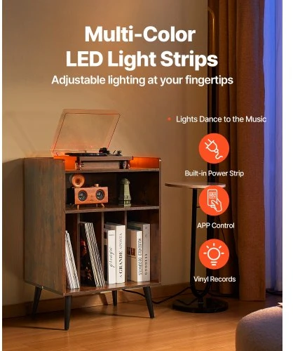 Sofa VEVOR Plokštelių grotuvo stovas su LED apšvietimu, 3 aukštų, su įkrovimo stotele ir USB jungtimis