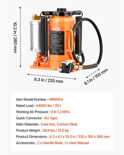 VEVOR Pneumatinis hidraulinis butelinis domkratas, 20 t, 260–495 mm, oranžinis