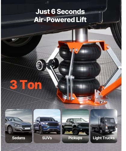 VEVOR Pneumatinis keltuvas, 3 t trijų maišų air jack, iki 470 mm, su atramine strype ir reguliuojama rankena