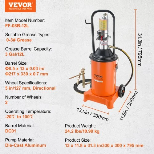 VEVOR Pneumatinis tepalo siurblys, 3 gal. 12 l, 50:1, su 13 pėdų žarna ir ratukais
