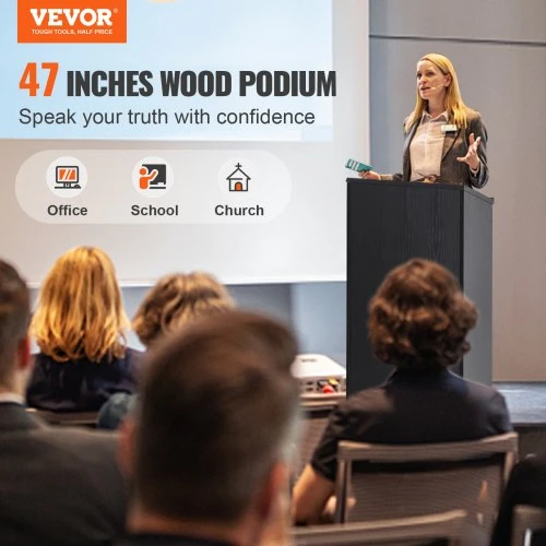 VEVOR Podiumas, 119 cm, su 4 ratukais, medinis, su laikymo lentynomis ir pasvirusia viršutine plokšte, juodas