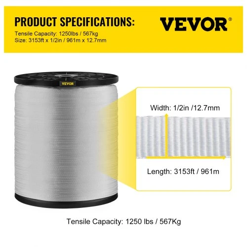 VEVOR Poliesterinė traukimo juosta 1250 lbs, 961 m x 12,7 mm