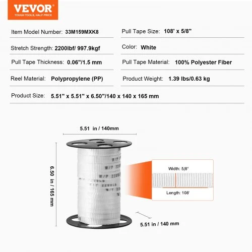 VEVOR Poliesterinė traukimo juosta Mule Tape 5/8" x 108' 2200 lbf