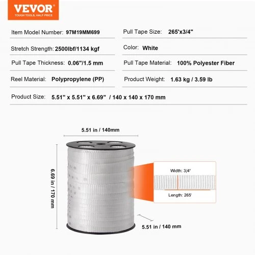 VEVOR Poliesterio traukimo juosta, 3/4" x 265', balta