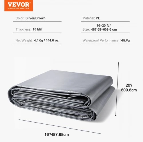 Koduva VEVOR polietileno tentuvas 487,7 x 609,6 cm, 0,25 mm, sidabrinė/ruda