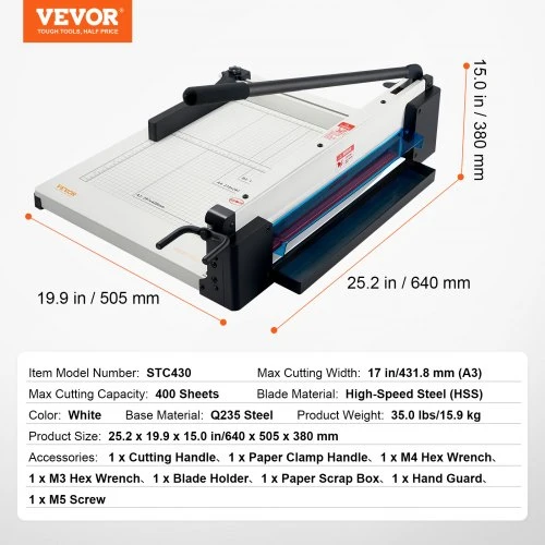 VEVOR Popieriaus pjaustyklė 43,2 cm A3 giljotininė, iki 400 lapų, metalinis pagrindas