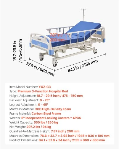 VEVOR Premium 3 funkcijų elektrinė ligoninės lova su galvos atrama, kojų atrama ir aukščio reguliavimu, 250 kg