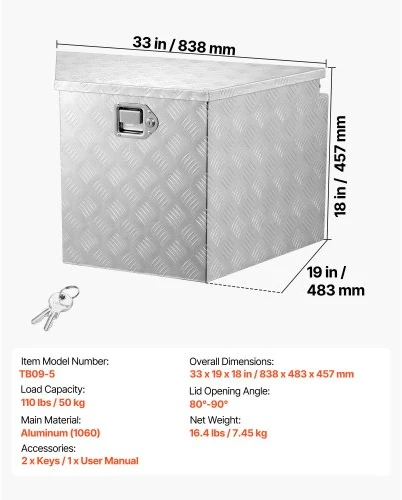 Koduva VEVOR priekabos grąžulo dėžė, 838 x 483 x 457 mm aliumininė įrankių dėžė su užraktu ir raktais