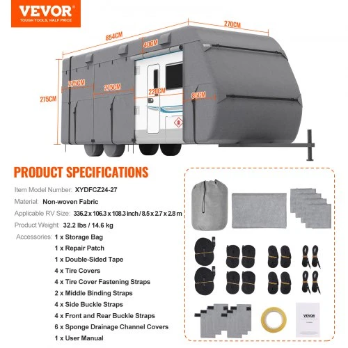 VEVOR Priekabos kelioninis RV dangtis 731,5–823 cm, Class A kemperiui, neaustinė medžiaga