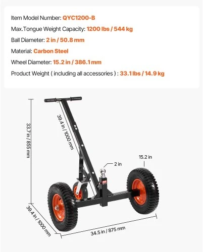 VEVOR Priekabos manevravimo vežimėlis QYC1200-B, 544 kg, anglinis plienas, 2 colių rutulys