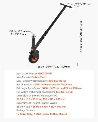 VEVOR Priekabos manevravimo vežimėlis QYC300-VB, 136 kg, su 47,6 mm ir 50,8 mm rutuliais