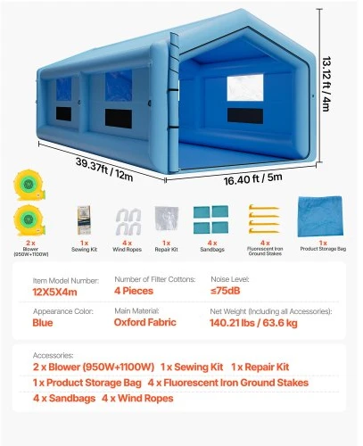 VEVOR Pripučiama dažymo kabina, 12 x 5 x 4 m, su 950 W + 1100 W pūstuvais ir oro filtravimo sistema