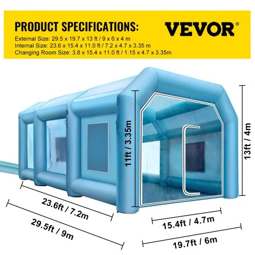 VEVOR Pripučiama dažymo kabina automobiliams 9 x 6 x 4 m su filtru ir 2 pūstuvais