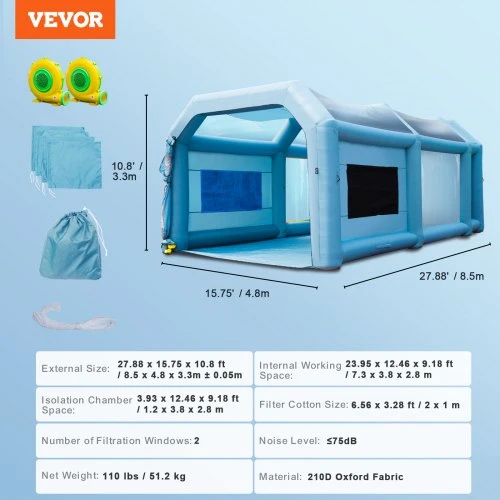 VEVOR Pripučiama dažymo kabina automobiliui, 8,5 x 4,8 x 3,3 m, filtrų sistema, 2 pūstuvai