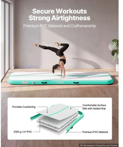 VEVOR Pripučiama gimnastikos oro trasa 3 m, 10 cm storio, su elektriniu siurbliu, mėtų žalia