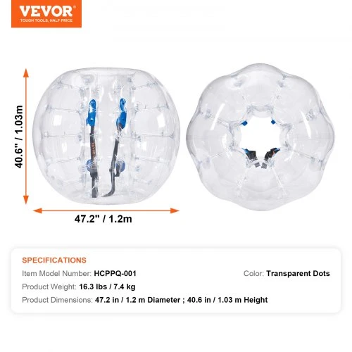 VEVOR Pripučiamas bumper ball kamuolys 1 vnt., 1,2 m, skaidrus su taškeliais