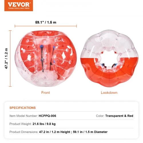 VEVOR Pripučiamas bumper ball kamuolys 1 vnt., 1.5 m, skaidrus ir raudonas