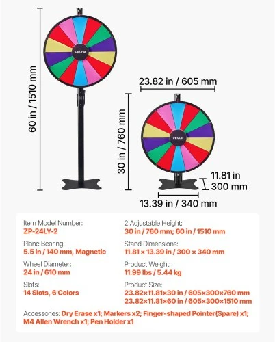 VEVOR Prizų sukimo ratas, 610 mm, 14 skyrių, su stovu, reguliuojamo aukščio, 6 spalvų