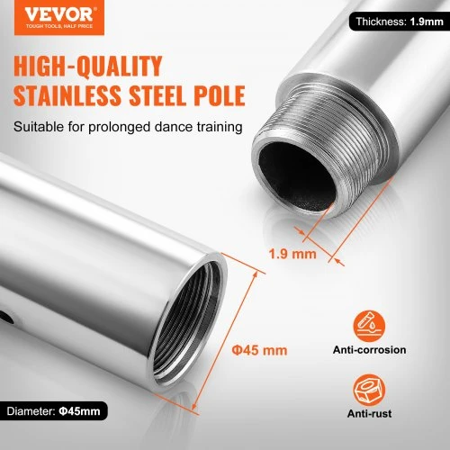 VEVOR Profesionalus šokių stulpas, sukamasis ir statinis, 45 mm, reguliuojamo aukščio, sidabrinis