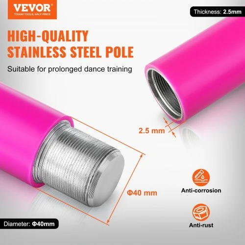 VEVOR Profesionalus šokių stulpas, sukamasis ir statinis, 40 mm, reguliuojamas aukštis, rožinis