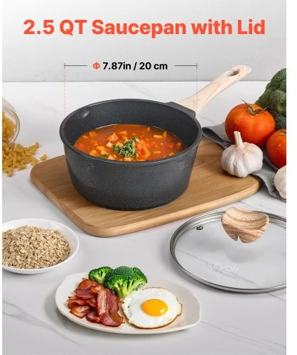 Koduva VEVOR puodas 2,5 QT, nepridegantis, juodas, su grūdinto stiklo dangčiu, nuimama rankena