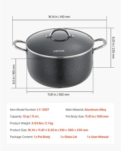 Koduva VEVOR puodas LY-12QT, 11,4 l, aliuminis, su stikliniu dangčiu