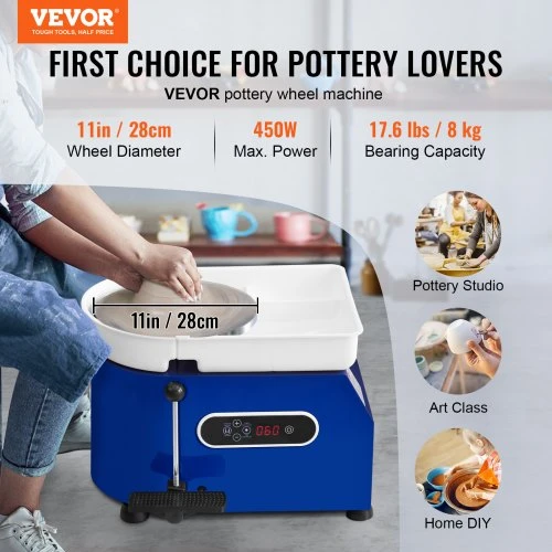 VEVOR Puodžiaus ratas, 450 W, 11 colių, 60–300 aps./min., su rankena ir pedalo valdymu, mėlynas