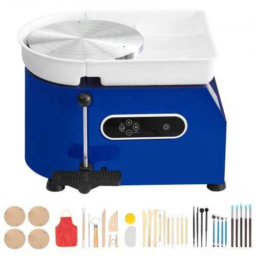 VEVOR Puodžiaus ratas, 450 W, 11 colių, 60–300 aps./min., su rankena ir pedalo valdymu, mėlynas