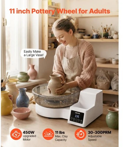 VEVOR Puodžiaus žiedimo staklės su pedalu, 28 cm aliuminio lėkštė, 450 W, 30–300 aps./min., balta