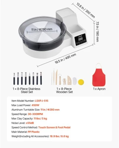VEVOR Puodžiaus žiedimo staklės su pedalu, 28 cm aliuminio lėkštė, 450 W, 30–300 aps./min., balta