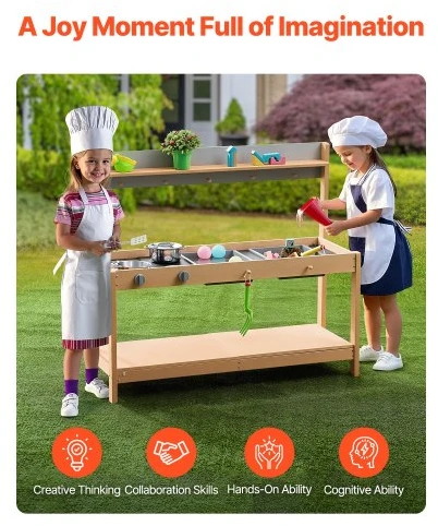 VEVOR Purvo virtuvėlė vaikams, medinė žaidimų virtuvė su priedais, AC8285