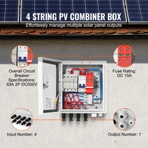 VEVOR PV kombinerinė dėžė, 4 grandinės, 15 A saugiklis, 63 A automatinis jungiklis, IP65