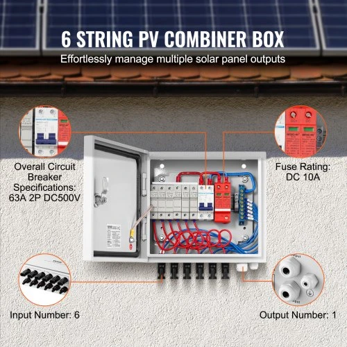 VEVOR PV kombinerio dėžė, 6 stringų, 63 A automatinis jungiklis, apsaugos nuo viršįtampių, IP65