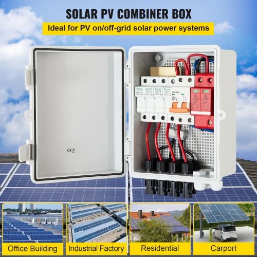 VEVOR PV kombinuotojas, 4 grandinių, su 15 A saugikliu ir 63 A automatiniu jungikliu