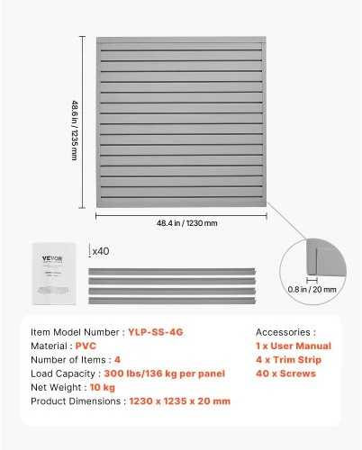 Koduva VEVOR PVC garažo slatwall panelis, 4 x 4 ft, pilkas, modulinis