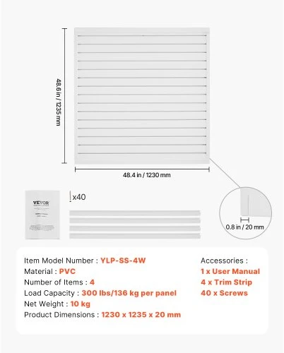 Koduva VEVOR PVC slatwall panelė garažui, 4 x 4 pėd., balta, modulinė, lengvai montuojama