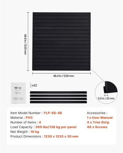 Koduva VEVOR PVC slatwall panelė garažui, 4 x 4 ft, juoda, modulinė