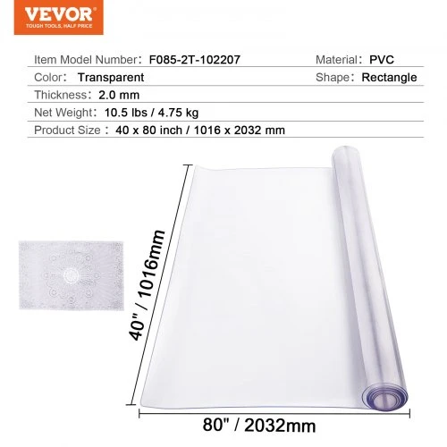 Koduva VEVOR PVC stalo apsauga, 101,6 x 203,2 cm, 2,0 mm, skaidri