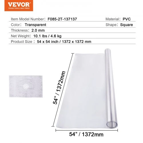 VEVOR PVC stalo apsauga, 1372 x 1372 mm, 2,0 mm, skaidri