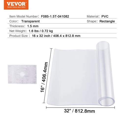 VEVOR PVC stalo apsauga, 16 x 32 col. / 406,4 x 812,8 mm, 1,5 mm, skaidri