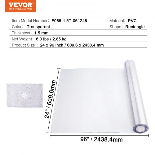 VEVOR PVC stalo apsauga, 609.6 x 2438.4 mm, 1.5 mm, skaidri