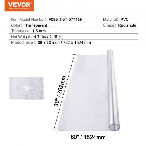 VEVOR PVC stalo apsauga, 762 x 1524 mm, 1,5 mm, skaidri