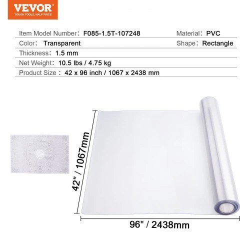 VEVOR PVC stalo apsauga, stačiakampė, skaidri, 106,7 x 243,8 cm, 1,5 mm