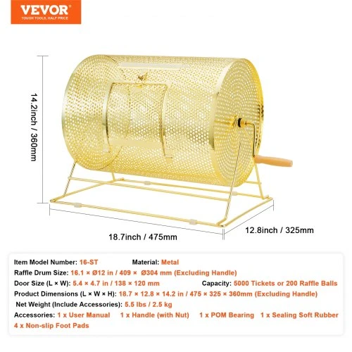 VEVOR Raffle drum 16-ST, žalvario dengtas, 409 x Ø304 mm