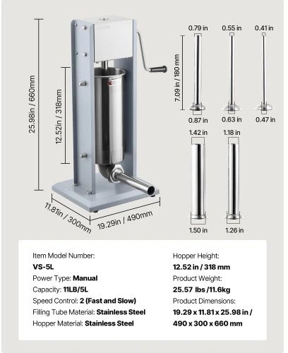VEVOR Rankinė dešrų kimšyklė, 11 lbs / 5 l, vertikali, nerūdijančio plieno