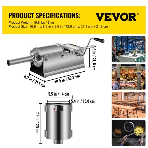 VEVOR Rankinė horizontali dešrų kimšyklė, 3 l, 2 greičių, 304 nerūdijantis plienas